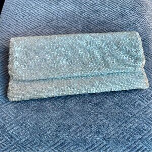 MOYNA NEW YORK Beaded Elegant Silver Evening Hand Clutch